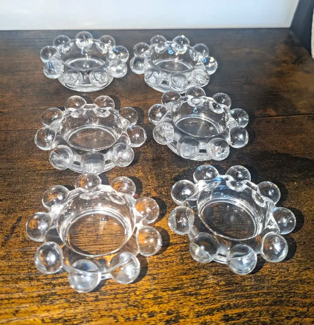 Vintage Imperial Set of 6 Clear Glass Bubble Salt Cellars- Glows Orange
